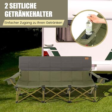 Крісло для кемпінгу Costway на 3 особи, розкладне, з м'яким сидінням, підстаканником та регульованими підлокітниками, вантажопідйомність 450 кг, для риболовлі та відпочинку на природі (зелене)