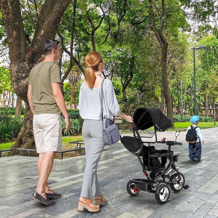 Триколісний велосипед 4-в-1 для дітей від 1 року з батьківською ручкою – чорний. Регульоване сидіння, обертовий сидіння, складна тента та кошик. До 25 кг, 1-4 роки