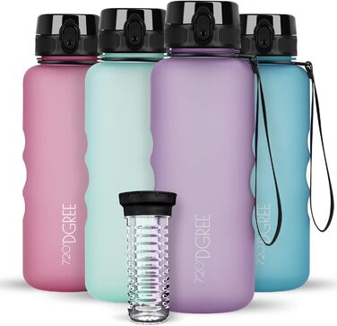 Пляшка для води 720°DGREE uberBottle 1,5 л SoftTouch з контейнером для фруктів, BPA-Free, спортивна, тританова, для фітнесу, спортзалу, прогулянок, ударостійка, багаторазова, лілово-фіолетова