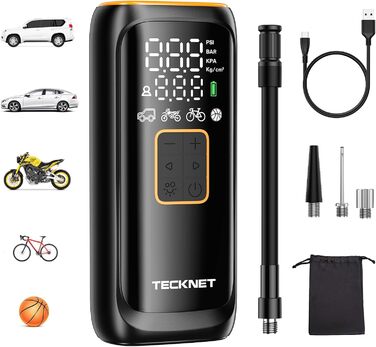 TECKNET електричний компресор 6000mAh, насос 150 PSI для авто, велосипедів, мотоциклів, м'ячів, з манометром, павербанком та ліхтариком