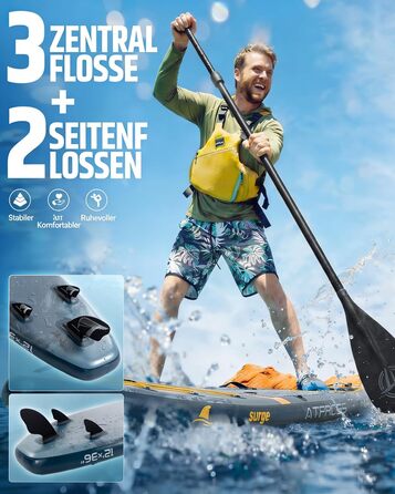 SUP дошка для плавання 366x92 см, сіро-помаранчева, до 240 кг - набір з сидінням та аксесуарами для йоги, риболовлі та серфінгу