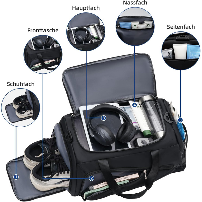 Спортивна сумка-рюкзак для чоловіків та жінок - містка дорожня/тренувальна сумка з відділенням для взуття та мокрих речей, 50 x 28 x 25 см, чорна