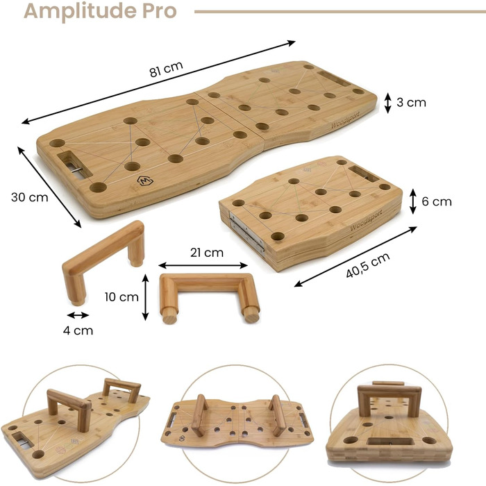 Дошка для віджимань Amplitude Pro з бамбука - преміум якість, 81 см | Складана, стабільна + гумки + інструкція 30 в 1