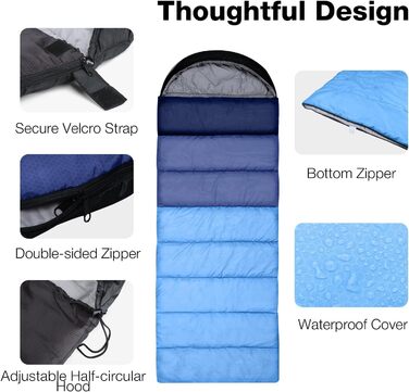 Спальний мішок Outplea для кемпінгу, 3-4 сезони, водонепроникний, 220x80 см, для дорослих та дітей, блакитний