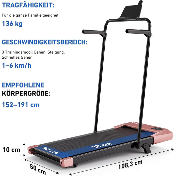 Бігова доріжка DeerRun Walking Pad з нахилом 6% для дому та офісу, компактне підстільне Laufband з LED-дисплеєм, пультам та підтримкою додатка, до 136 кг, світло-рожева