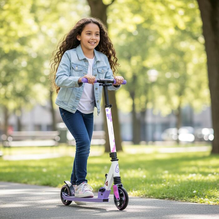 Самокат міський Bergen City Scooter Sonic - алюмінієвий, колеса PU 145мм, амортизатор, гальмо заднє, регульована висота (5+ років), легкий, білий/чорний/рожевий/фіолетовий
