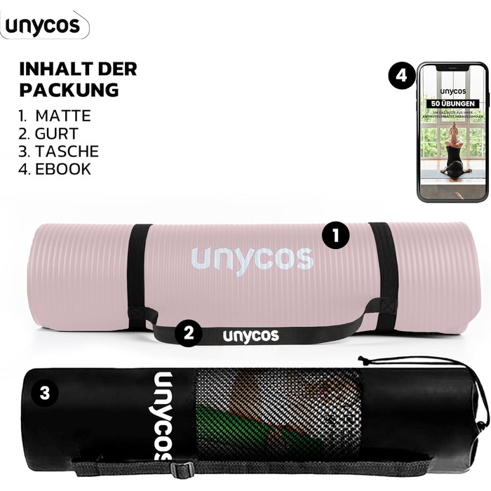 Гімнастичний килимок Unycos 183x60 см, NBR 15 мм, нековзкий, для йоги, пілатесу, фітнесу, з ременем та E-книгою, рожевий, нетоксичний
