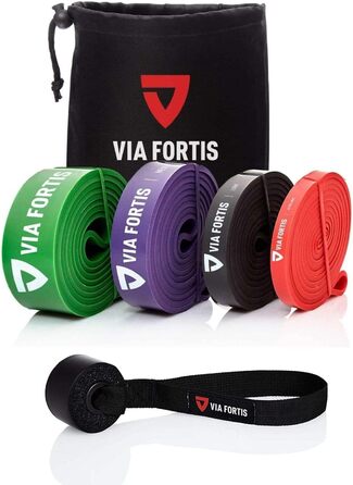 VIA FORTIS Преміум фітнес-стрічки для тренувань, набір 4 опорних гумок різної жорсткості (ультралегка, легка, середня, сильна) з інструкцією та сумкою, резинки для підтягувань і силових вправ