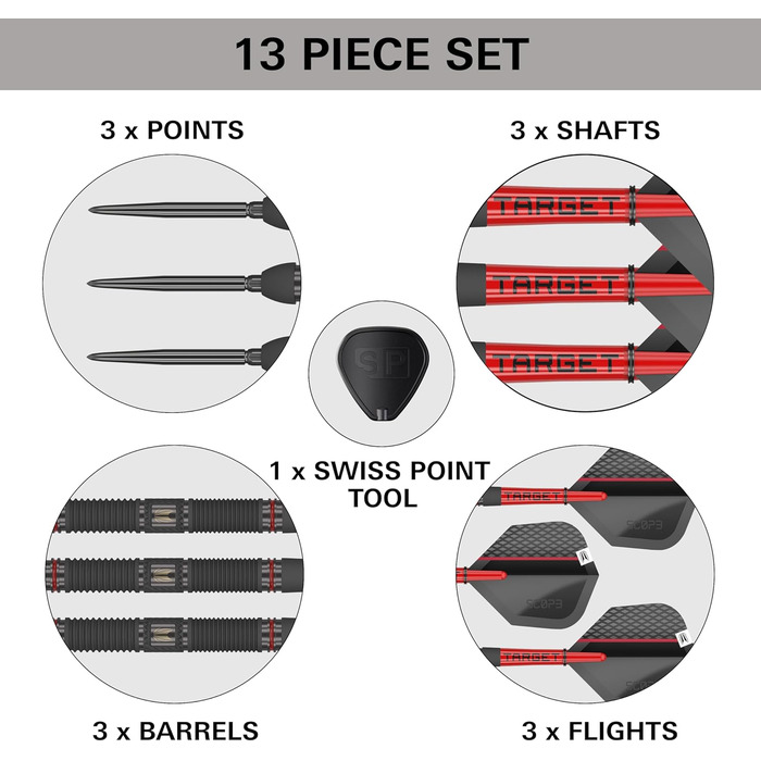 Професійний набір сталевих дротиків Target Darts Scope Swiss Point, 90% вольфрам, червоно-чорні, 21-25 г, з інструментом