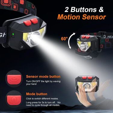 Налобний ліхтар 1200 люмен з регулюванням світла (білий/червоний), водонепроникний, з датчиком руху, 8 режимів. 2 шт.