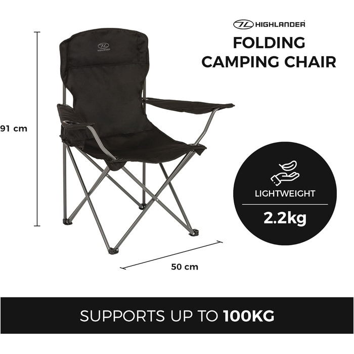 Крісло для кемпінгу Highlander - Легке та міцне туристичне крісло для відпочинку на природі. Підходить для кемпінгу, фестивалів, дачі, риболовлі та відпочинку на пляжі. Чорний колір.