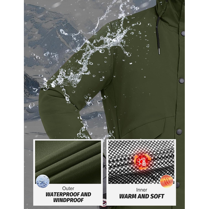 Зимова куртка для чоловіків, водонепроникна, тепла, з капюшоном та компасом (M) - Military Green