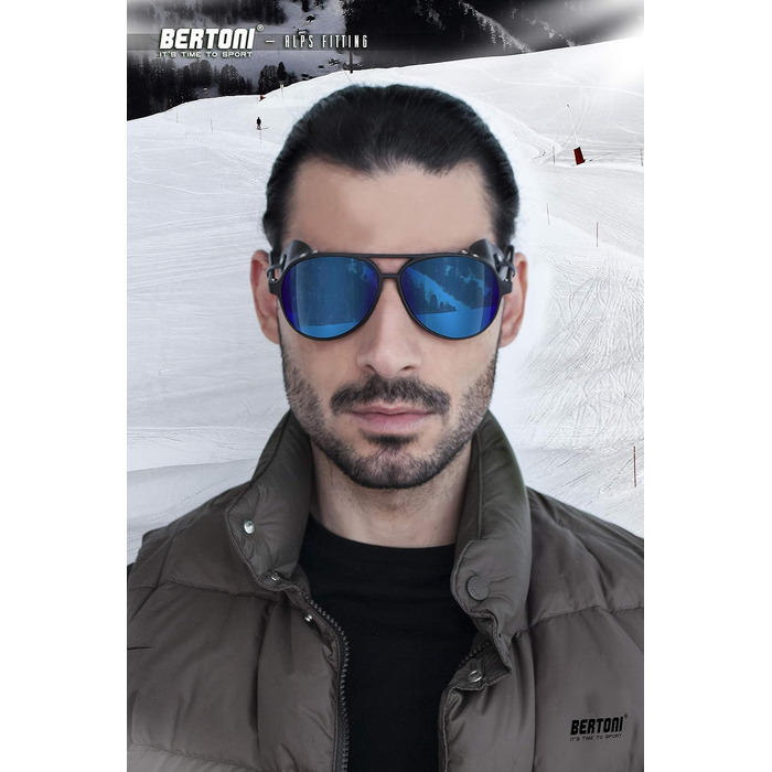 Поляризовані сонцезахисні окуляри BERTONI ALPS для гір, льодовиків, трекінгу, чорні з синім дзеркальним покриттям, Італія