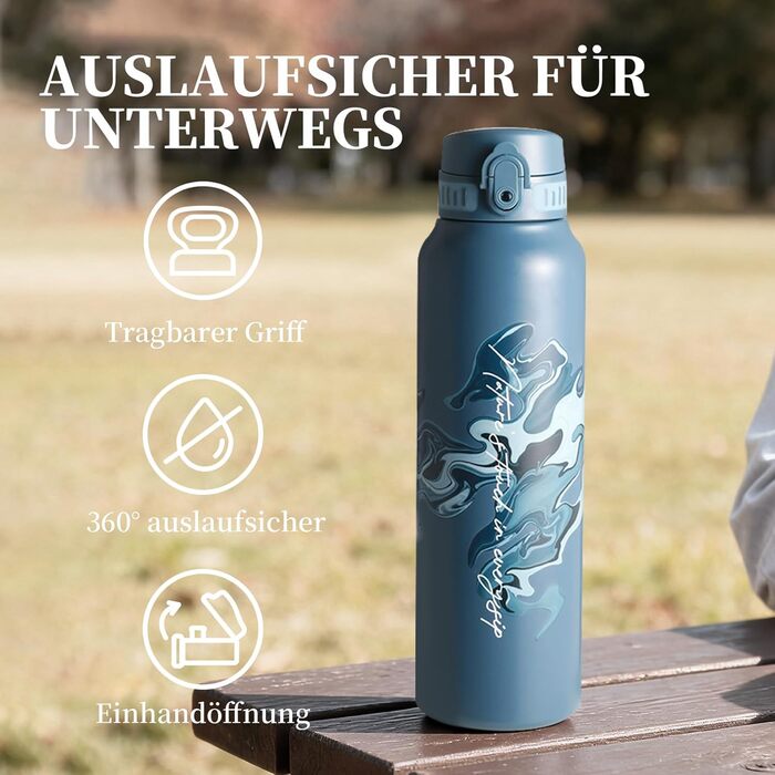 Фляга для води UZSPACE 1л (970мл) з нержавіючої сталі, термофляга з 1-кліком відкриття, 100% без витоку, для спорту, туризму, фітнесу, тренажерного залу, на вулицю, колір: лісовий зелений