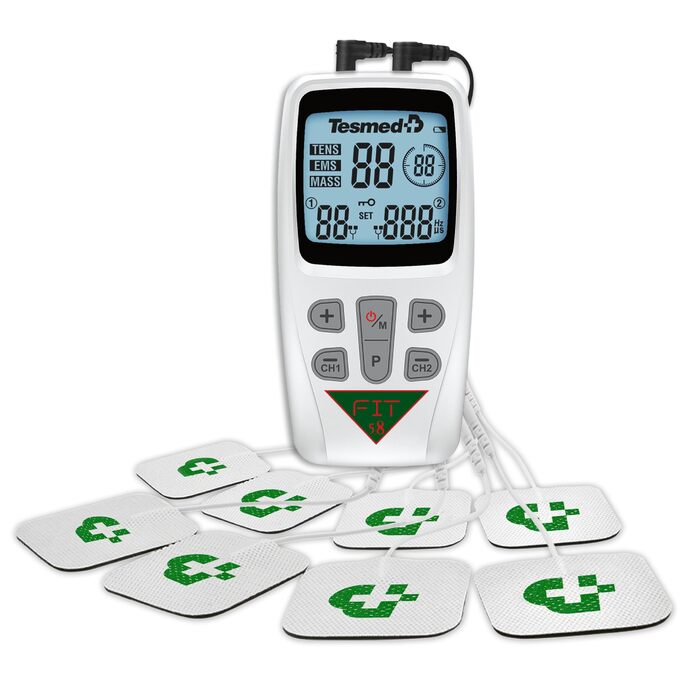 Електростимулятор м'язів TESMED Fit: EMS, TENS, масаж (3 в 1), 22 програми, 6 налаштовуються, для зняття болю та стимуляції м'язів живота, сідниць та грудей. Комплект з 8 електродів.