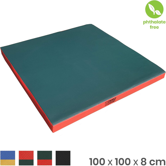 Гімнастичний мат NiroSport 100x100x8 см, м'який мат для фітнесу, спорту та тренувань, захисний мат, зелений/червоний, вироблено в Німеччині