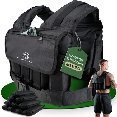 Вага для тренувань PURE MAJIN® 20 кг, регульована, з кишенею та металевим ременем | Фітнес, воркаут, біг, калістеніка, обладнання, вага, тренування - чорний або камуфляжний чорний