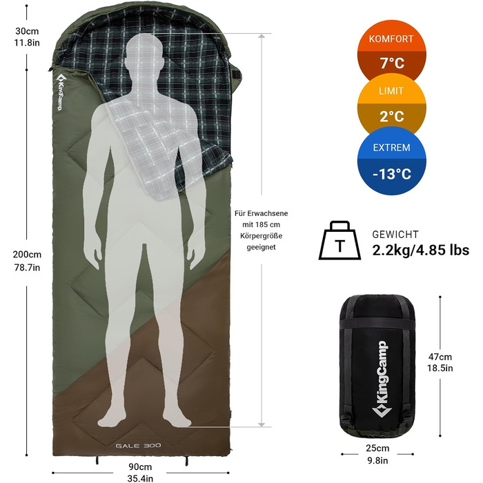 Сплячий мішок KingCamp Flannel для дорослих, 3-4 сезони, ультралегкий, бавовна, теплий, ковдровий, водонепроникний, для кемпінгу (зелений/коричневий, L, блискавка)