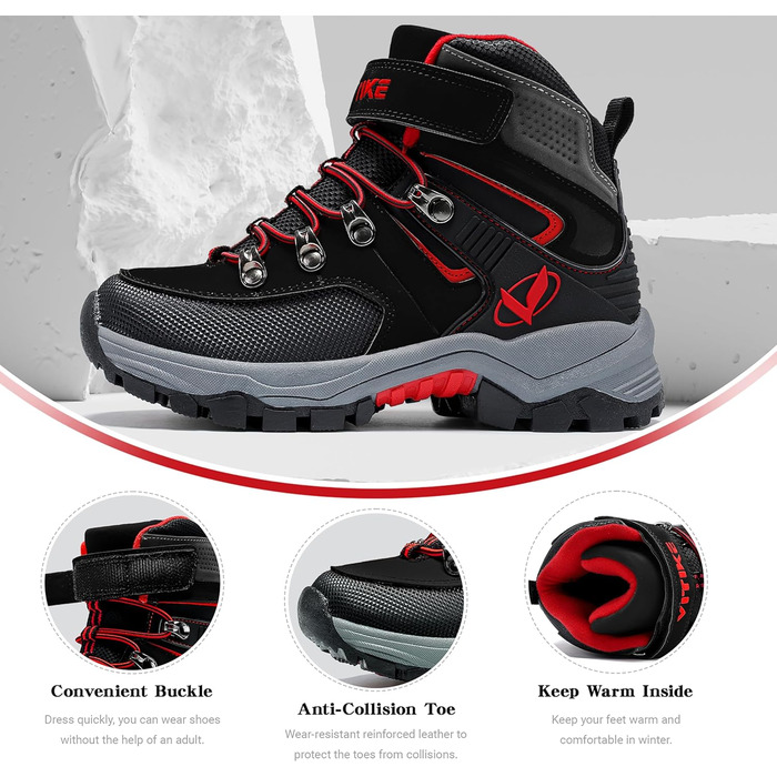 Зимові черевики для хлопчиків ASHION, утеплені, для походів та трекінгу, розмір 33 EU, чорно-червоні