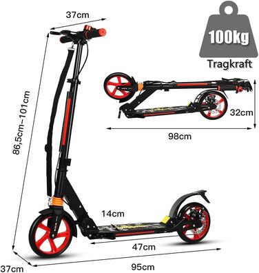 Самокат трюковий GYMAX, регульована висота, складний, з колесами 200 мм, подвійна підвіска, дзвінок та ремінь, до 100 кг, для дітей та дорослих (чорний)