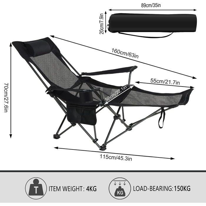 Складний стілець для кемпінгу eSituro, риболовний стілець, стілець для відпочинку на природі з підставкою для ніг та тримачем для напоїв, пляжний стілець з регульованою спинкою (Чорний)