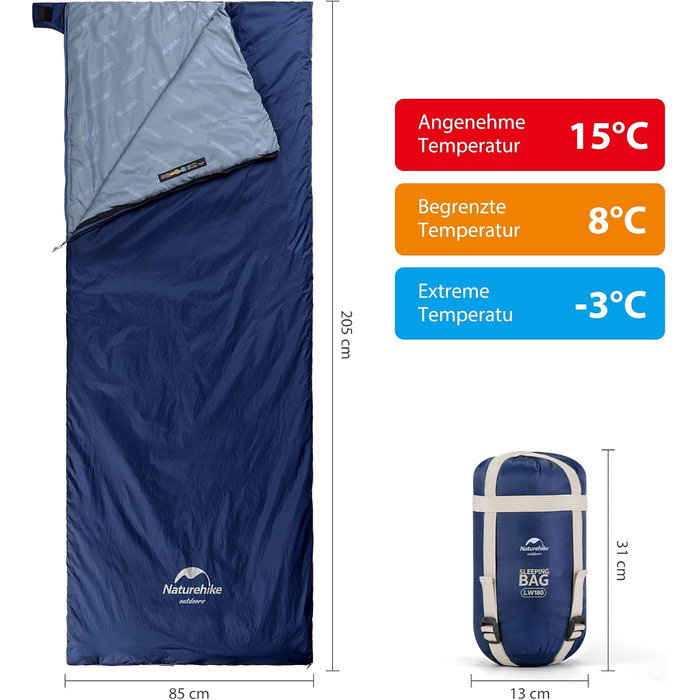 Спальний мішок Naturehike LW180 - темно-синій, 7°C, для дорослих та підлітків, легкий, для кемпінгу та трекінгу