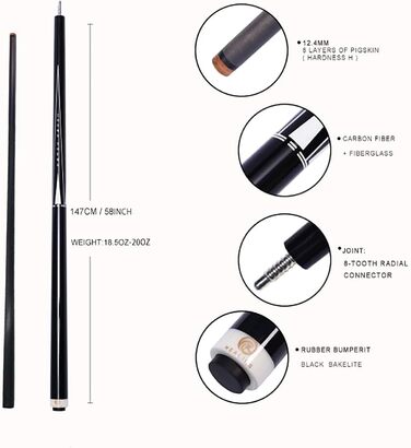 OKHEALING Професійний Більярдний Кіюк T700 з Карбону, 147 см, 12.4 мм, 8 зубців, для 8 та 9 куль