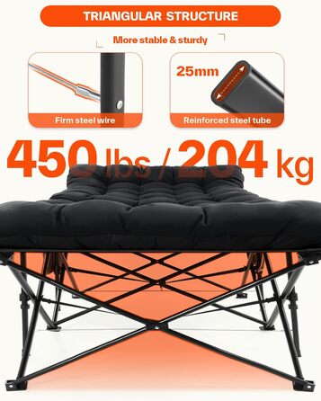 Розкладне ліжко Sportneer для кемпінгу та відпочинку: 200x81x47 см, чорне, з матрацом та сумкою для зберігання