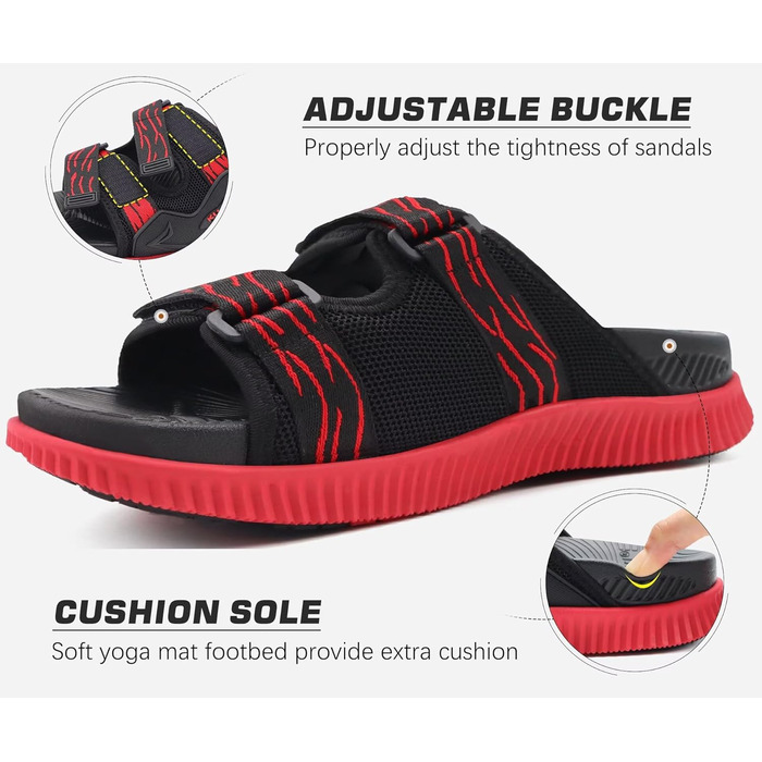 Чоловічі спортивні сандалі KuaiLu з м'якою устілкою, літні шльопанці на липучці (Чорно-червоні, 46 EU)