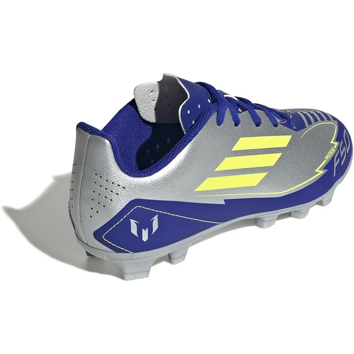Футбольні бутси adidas F50 Club Messi для унісекс, гнучка підошва, розмір 21 EU, сріблястий, сонячно-жовтий, блакитний