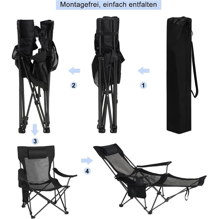 Складний стілець для кемпінгу eSituro, риболовний стілець, стілець для відпочинку на природі з підставкою для ніг та тримачем для напоїв, пляжний стілець з регульованою спинкою (Чорний)