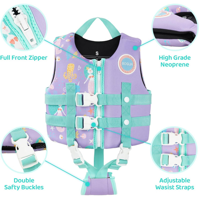 Дитячий жилет для плавання Boglia Kinder, 1-9 років, регульований ремінь безпеки, фіолетовий, русалка