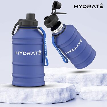 Фляга для води HYDRATE з нержавіючої сталі, 2.2 літри, без BPA, спортивна, металева, з нейлоновим ремінцем, надійна, 2200 мл, Middernachtsblau (Темно-синій)