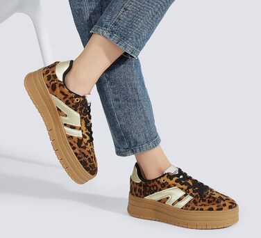 Кросівки LUCKY STEP Plateau Sneaker для жінок - платформа, канвас, ретро стиль, низький профіль, зручні для повсякденного носіння, бежево-зелені (41 EU, леопард)