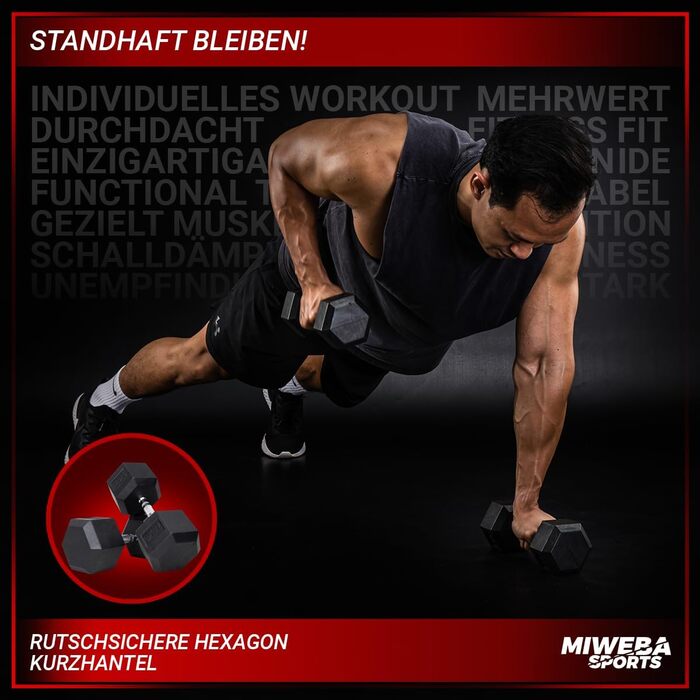 Гантелі шестигранні Miweba Sports HGH100, 2,5-30 кг, пара, гантельний набір, гантелі з литого чавуну, ергономічна ручка, вага 5 кг, професійні короткі гантелі