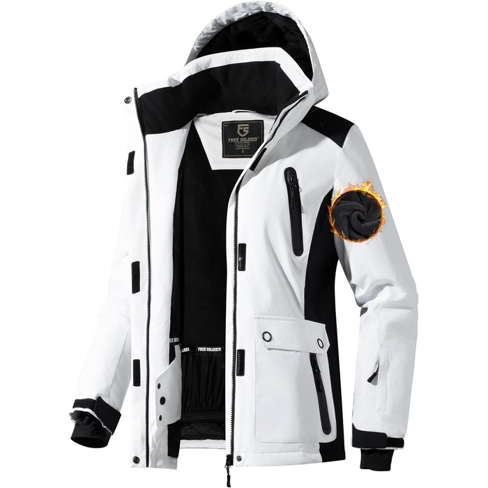 Водонепроникна зимова куртка FREE SODIER для жінок з флісовою підкладкою та капюшоном. Велика жіноча куртка з водонепроникним покриттям, зварні шви, Ginger Yeow (XXL, білий, чорний)