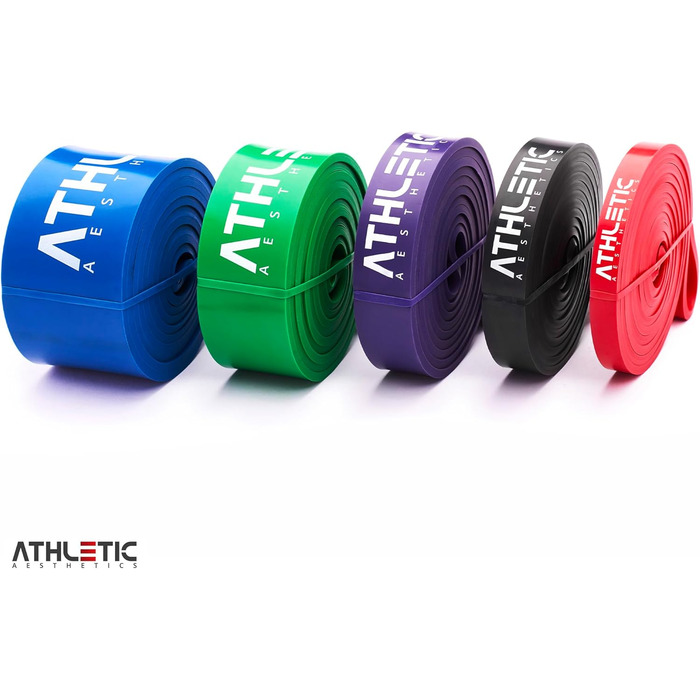 Преміум фітнес-резинки ATHLETIC AESTHETICS для тренувань, набір 5 шт (червона, чорна, фіолетова, зелена, синя) з PDF-гайдом