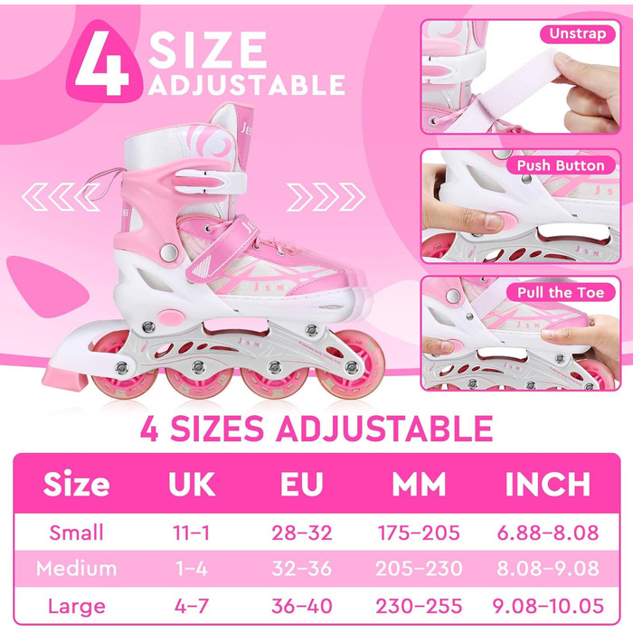 Дитячі ролики для дівчаток, регульовані, рожеві. Ролики для катання в приміщенні та на вулиці. Розмір L (EU 36-40)