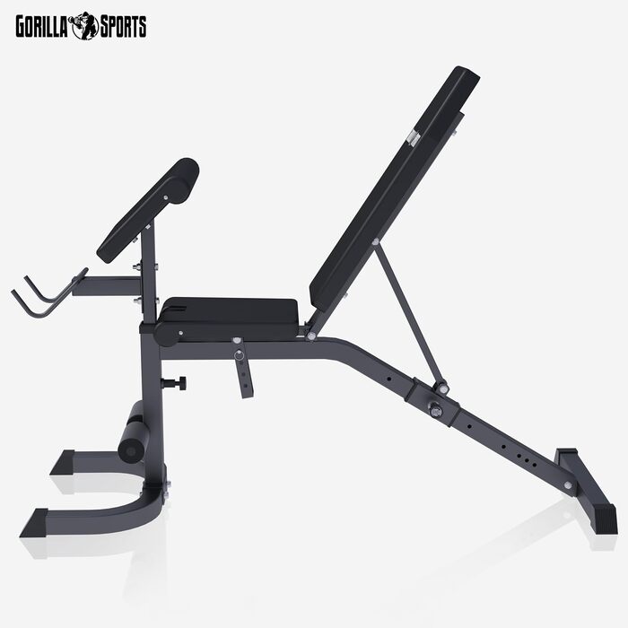 Лава для жиму Gorilla Sports® з регулюванням, до 250 кг - багатофункціональна лава для силових тренувань, прес, біцепс, чорна