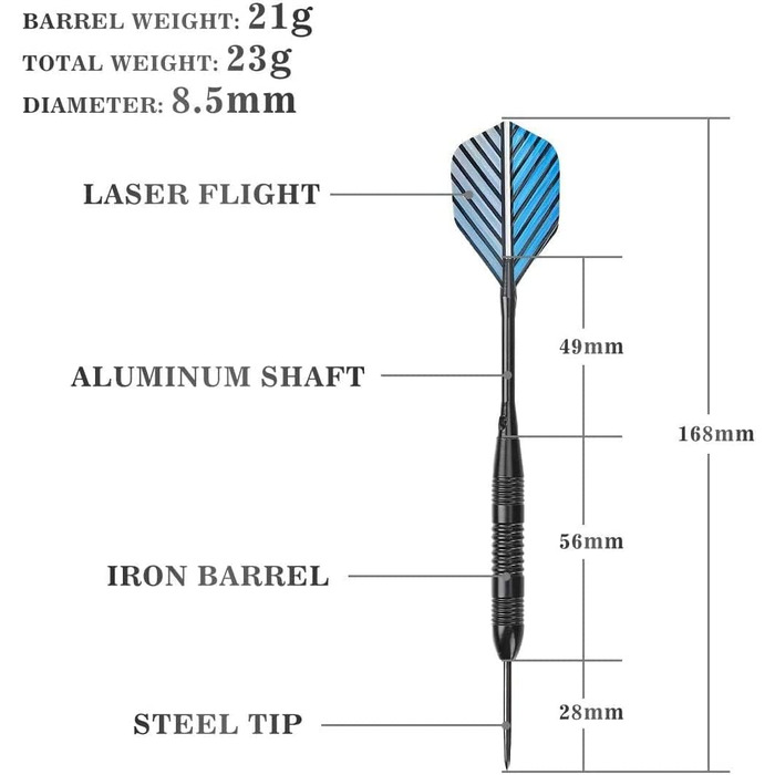 Дарти сталеві Steel Dartpfeile набір 6/12 шт. з металевими наконечниками, алюмінієвими стержнями, 18 пір'ями та гумовими кільцями, 22/23 г