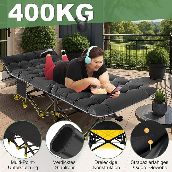 Велике розкладне ліжко з матрацом – 198x81x46 см, 400 кг, сталевий каркас, оксфордська тканина, для дорослих, сад, подорожі (XXL Чорний)