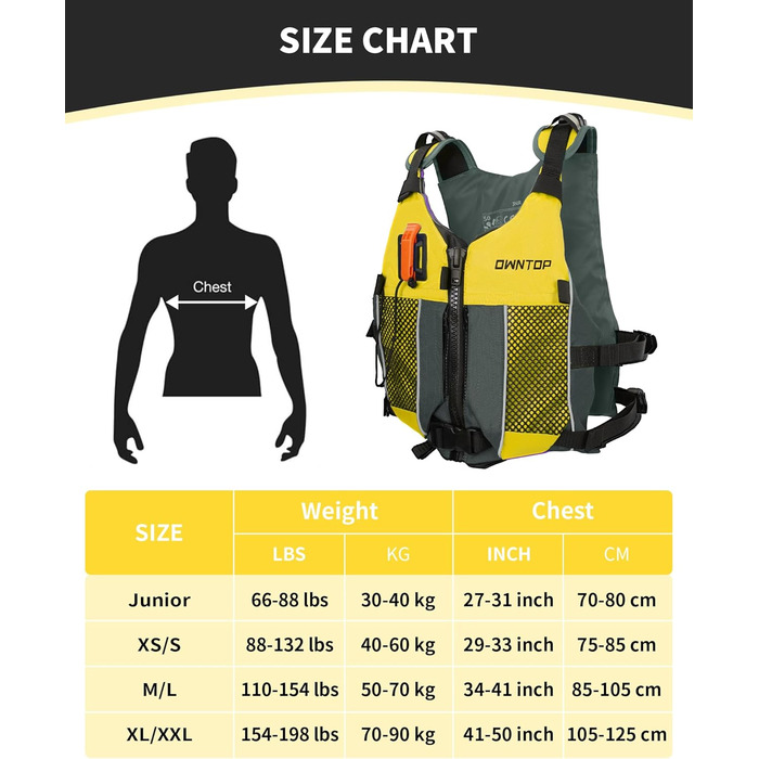 Рятувальний жилет Owntop для дорослих та юнаків з пискликом та рюкзаком для води | Легка унісекс куртка для SUP, каякінгу, риболовлі та інших водних видів спорту (XXS, жовтий)