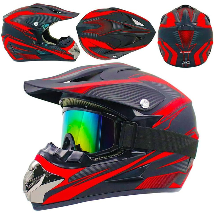 Мотошолом Racing Motocross з окулярами та рукавичками (4 шт.) - комплект для катання на мотоциклі, dirt bike, off-road, для дорослих та дітей, червоні лінії, L (56-57 см)