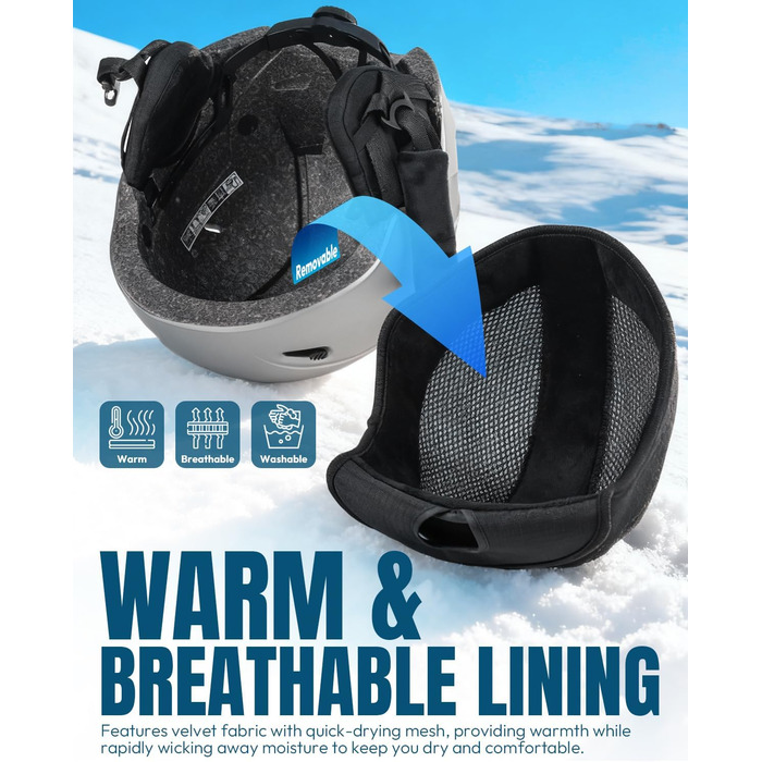 Шолом гірськолижний унісекс, регульований, 12 вентиляційних отворів, знімний внутрішній підкладковий шар та навушники, легкий сноуборд шолом для зимових видів спорту (сріблястий, L: 59-61 см)