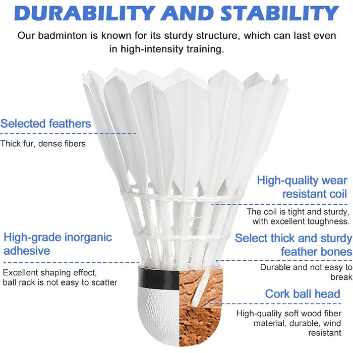 Волан для бадмінтону, 12 шт. - Натуральні пір'я, для гри в приміщенні та на вулиці, міцні та довговічні, білі