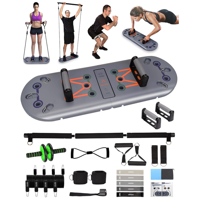 Фітнес-набір 27 в 1 BOOSTEADY: дошка для віджимань, ручки-опори, еспандери, ролик для преса та стійка для пілатесу