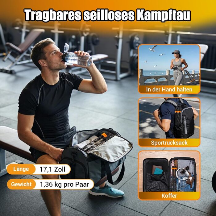 Тренувальні канати Battle Rope без мотузки, регульовані, з сумкою та інструкцією, для HIIT, силових тренувань, спалювання жиру, домашній спортзал