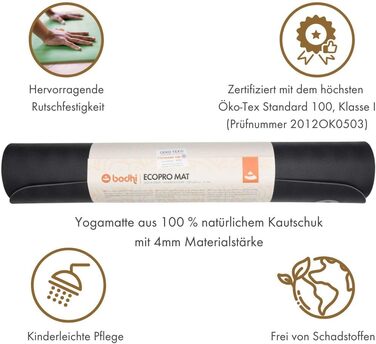 Килимок для йоги Bodhi ECO PRO: Натуральний каучук, антиковзкий, 185x60x0.4 см (сланцевий сірий) для йоги та пілатесу