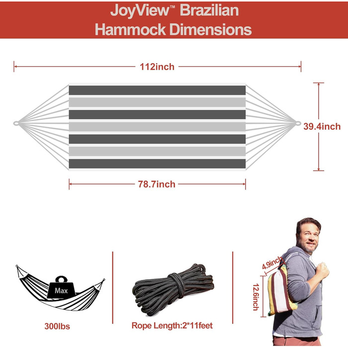 Гамак JoyView бразильський одинарний з мотузками та сумкою, 200x100 см, до 136 кг, смугастий сірий - для тераси, дому