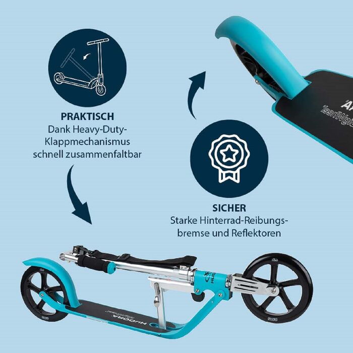 Самокат HUDORA BigWheel 205 з тросовим замком, складаний, регульована висота, з ременем для перенесення, для дітей і дорослих від 6 років, міський, до 100 кг
